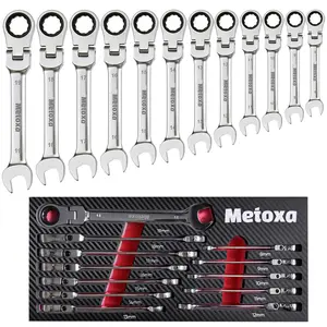 METOXA 12-Piece Metric Flex-Head Ratcheting Wrench Set, 8-19mm Combination Wrenches with EVA Organizer Tray, CR-V Mechanic Tools for Auto Repair & DIY Projects