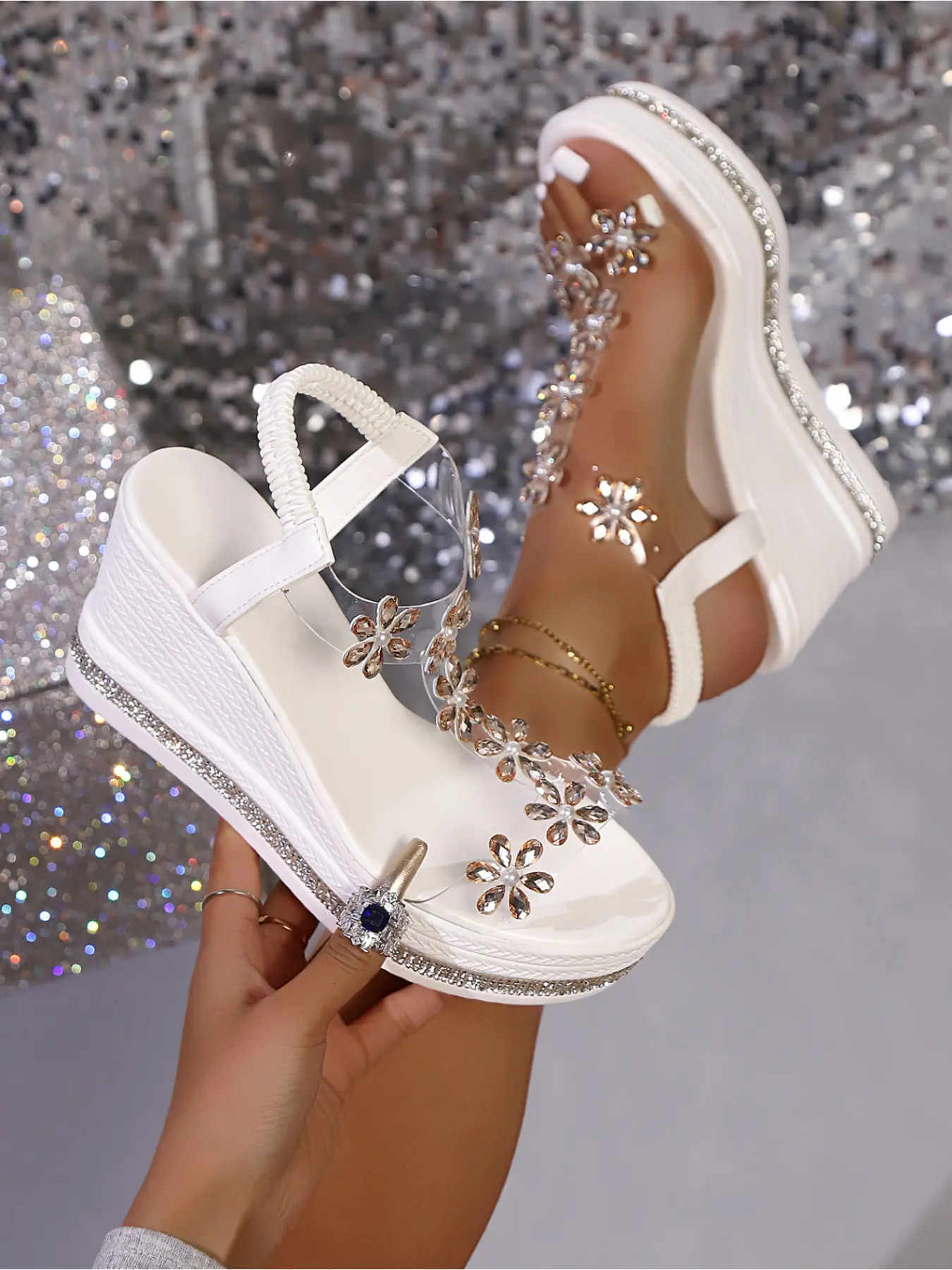 Women's strappy sandals with rhinestone buckles, made of rubber, open-toe design, elastic straps, and a platform heel, Glitter Sandals