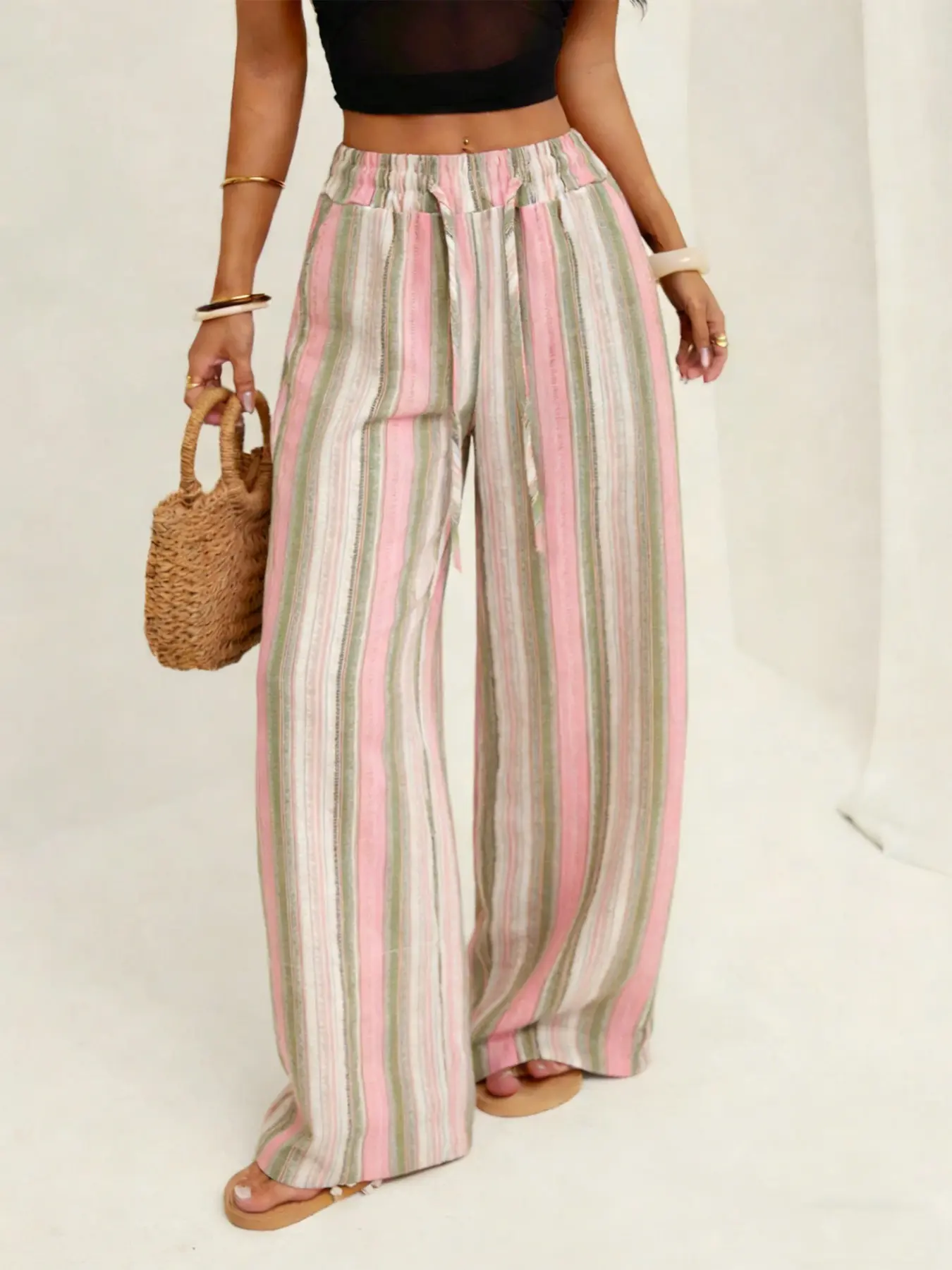 1 Pair Boho Striped Wide Leg Pants for Women, Loose Fit Breathable Trousers with Pockets for Vacation Resort & Streetwear, Womenswear, Casual Fashion Pants