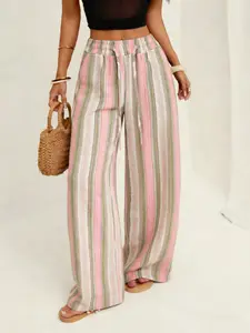 1 Pair Boho Striped Wide Leg Pants for Women, Loose Fit Breathable Trousers with Pockets for Vacation Resort & Streetwear, Womenswear, Casual Fashion Pants