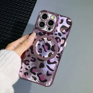 Magnetic Leopard Print TPU Phone Case with Rhinestone Lens Ring - Durable Shock-Resistant Protection Cover for 16 Plus, 16 Pro Max, 15, 14 Smartphones - Stylish Women’s Accessory