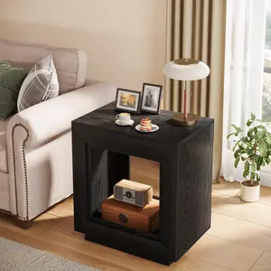TRIBEWOOD Rustic Wood End Table, 2 Tiered Square Side Table with Storage Shelf cool