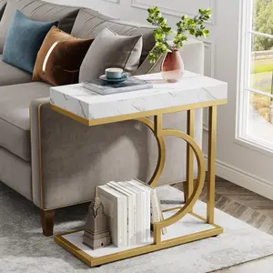 Emoottoo TB-F1911 23.6 in. Premium C-Shaped Sofa Side End Table with Faux Marble Top & Metal Frame - White & Gold