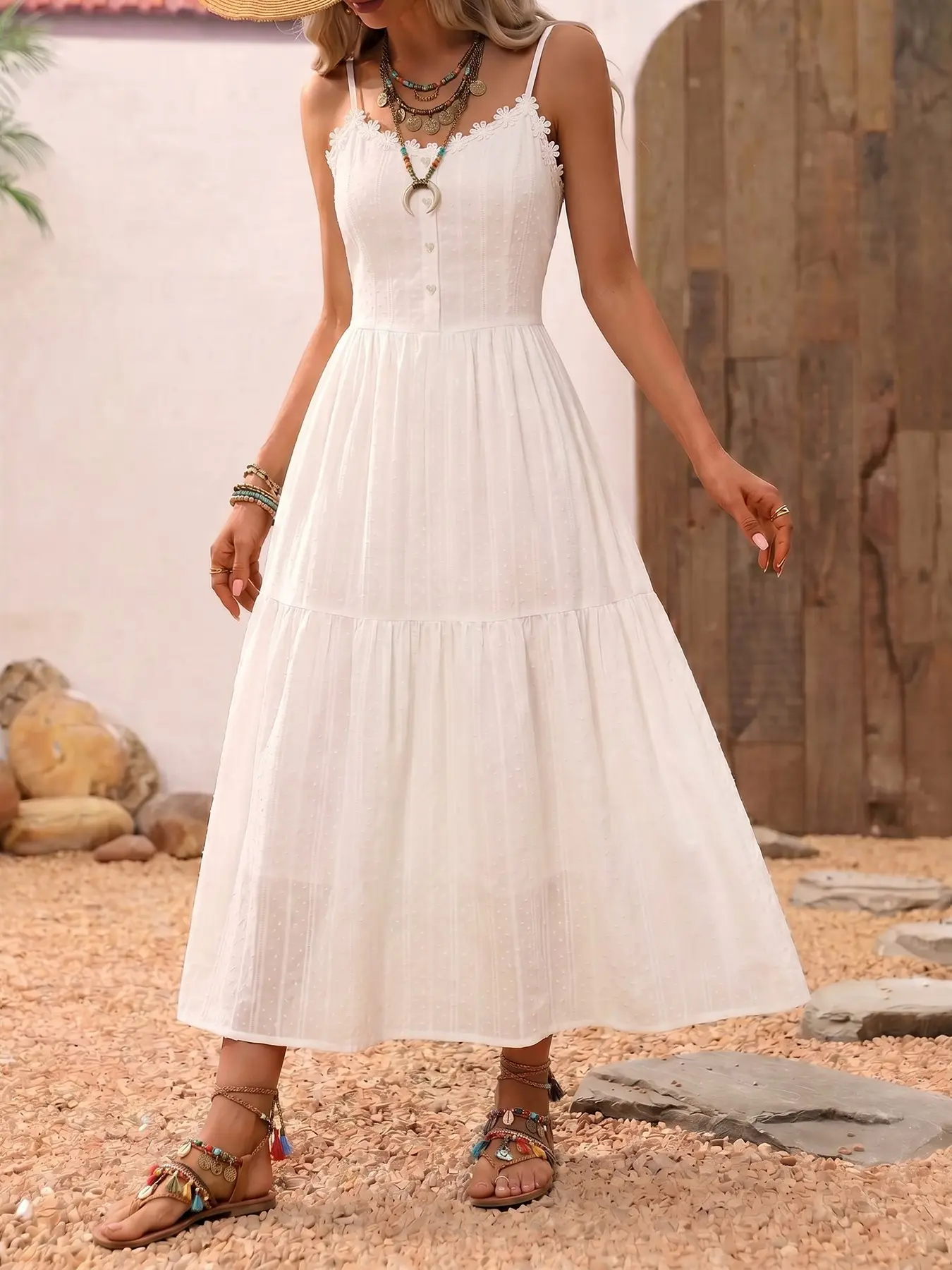 French Elegant Lace V-Neck Strap Dress Women, Feminine, Slim-Fitting Waist Cinch, Loose A-Line Beach Vacation Style, Bohemian, Boho, Boho Chic Style, Single Button Closure, Summer
