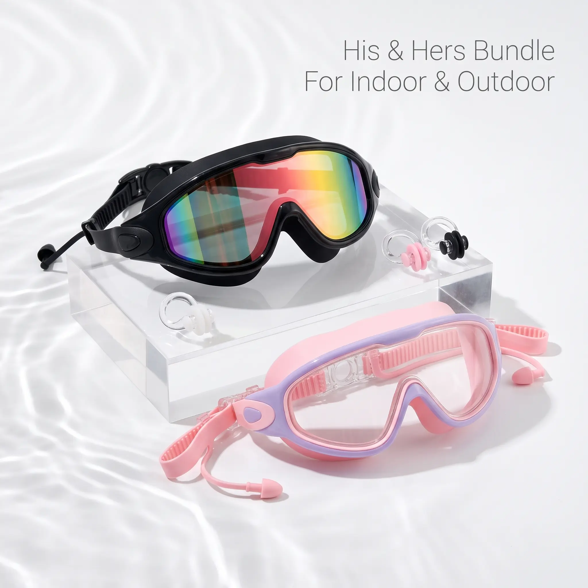 Unisex 2-Pack Swimming Goggles Set with Attached Earplugs & Clips, Anti-Fog UV Protection, Leakproof, Quick Release, Wide View, Adjustable Silicone Strap, Pool Use Water Sports Gear for Men Women
