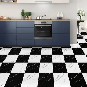 Marble Checkered Floor Tiles, Self-Adhesive Waterproof Vinyl Flooring, Tenant-Friendly Removable DIY Decor, Flat Sticker Type, Marble Look PVC