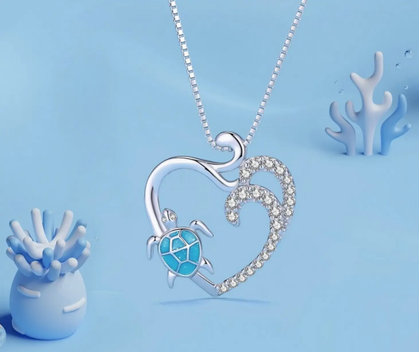 Platinum 925 Sterling Silver Blue Turtle Dazzling Heart Pendant Necklace
