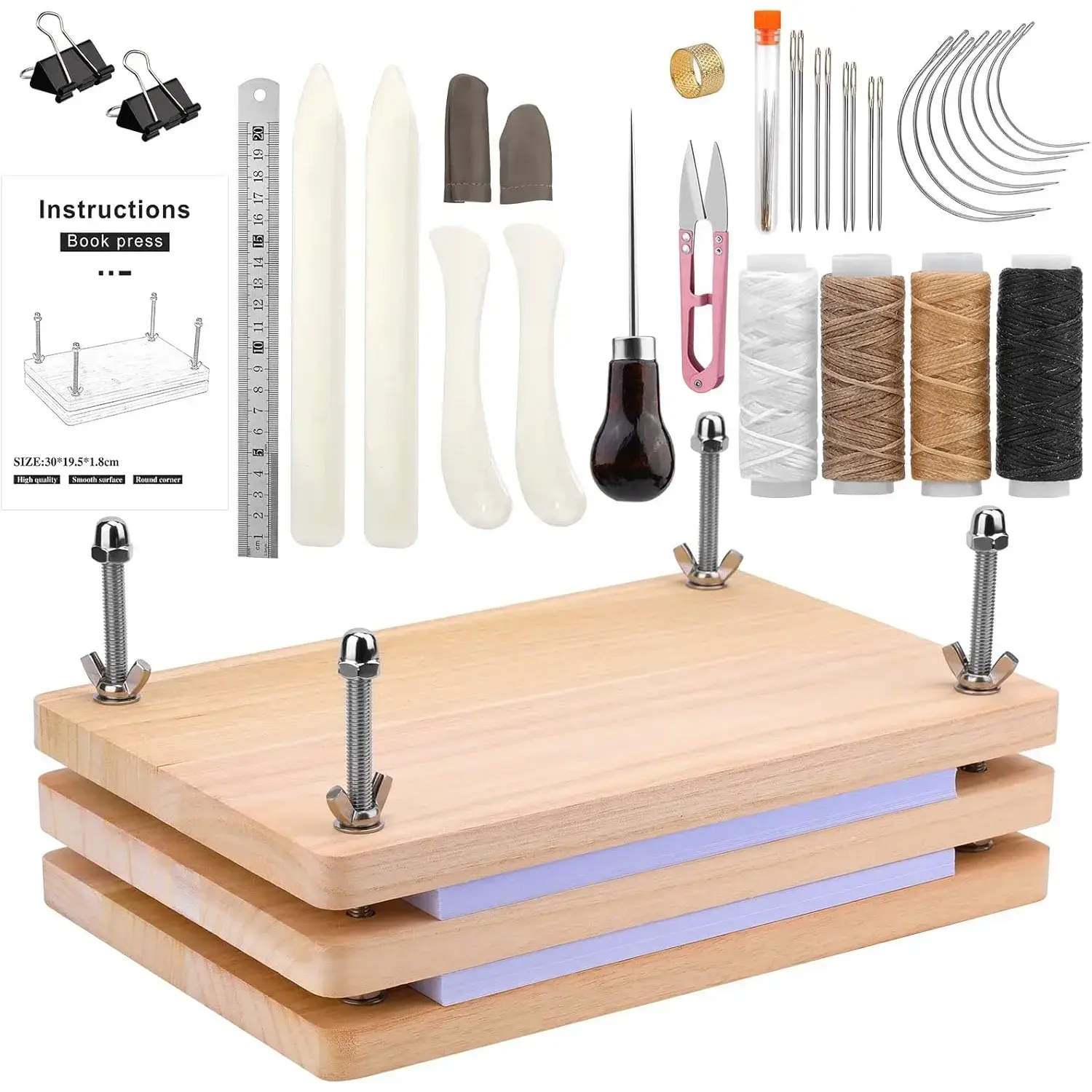 34 Pcs Book Binding Kits, Book Press(11.81”x7.56”), Books Making Kit with Bone Folder Bookbinding Needles Waxed Threads Books Binding Awl, Bookbinding Tools for Beginners