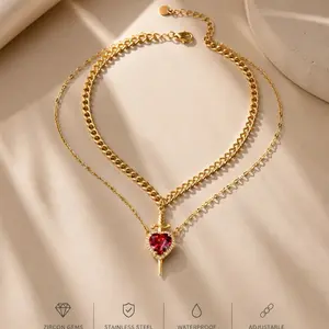 Gold Heart & Sword Necklace Set for Couples Valentines Day Gift Stainless Steel 18K Gold Finish Adjustable Minimalistic Jewelry 18-inch & 20-inch Chains Tarnish-Resistant