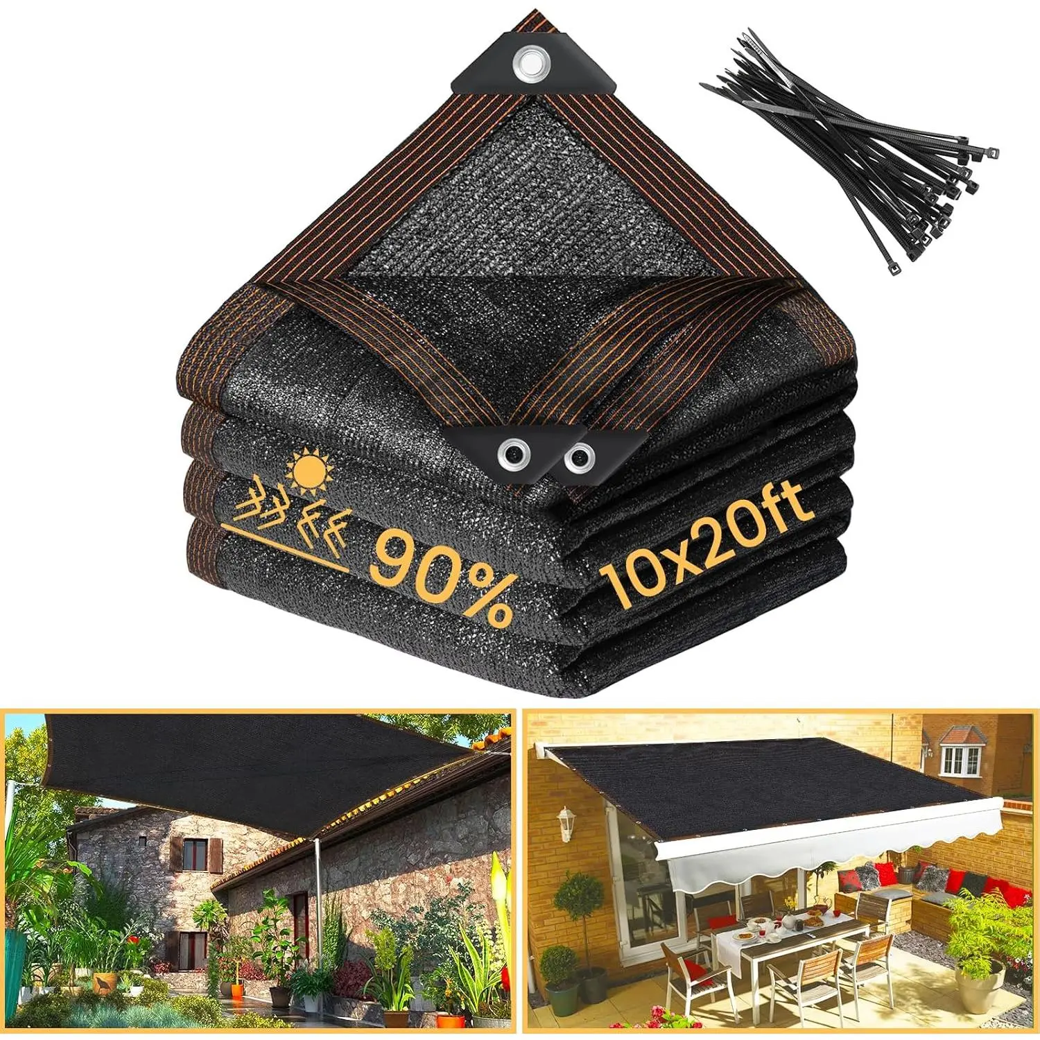 90% Black Shade Cloth- 10 x 20 FT Sunblock Garden Shade Cloth, Sun Shade Mesh Tarp with Reinforced Grommets for Greenhouse, Garden, Patio, Backyard, Plants, Pergola, Chicken Coop