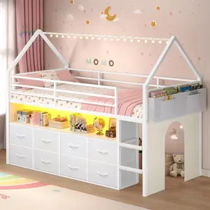 SIKAIC Twin House Loft Bed with 8 Drawers & Soft Foam Ladder, Kids Metal Bed Frame with Bookcase & Fun Curtain, No Box Spring Needed