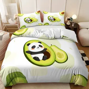Bedding Set - 3pcs Black and White Panda and Green Avocado Pattern Down Comforter Set (1 comforter cover + 2 pillowcases, filling not included) A gift for family and friends, soft and comfortable, suitable for family bedrooms and guest rooms.