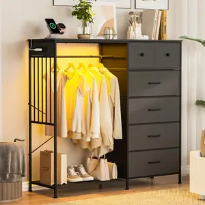 Garvee Multi-Functional Dresser with Hanging Rack, 6 Drawers, LED Lights, and Charging Station - Fabric Chest of Drawers and Storage Organizer for Bedroom, Living Room, and More