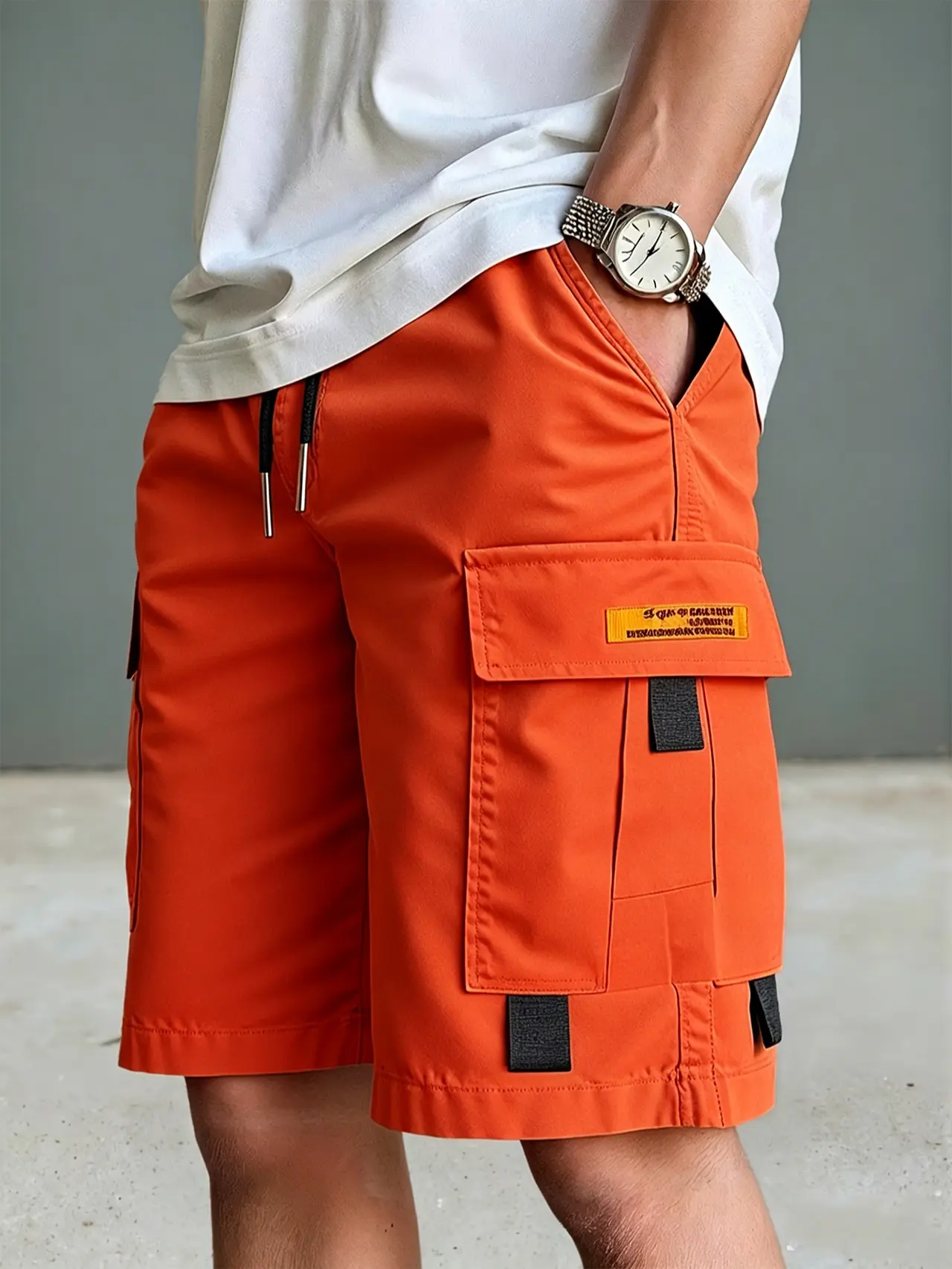 Men's Baggy Cut Cargo Shorts, Solid Knee-Length Basic Casual Wear with Multiple Pockets for Summer Outdoor Activities, Basic Casual Shorts, Men's Wear, Baggy Cut Men's Shorts