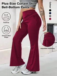 Plus Size Women's Ruffled Skirt Pant Stretch Fit Flare Pants, Adjustable Drawstring Sweet Design, Flattering Leg Shape, Perfect for Dates and Casual Wear, Casual Chic Bottoms