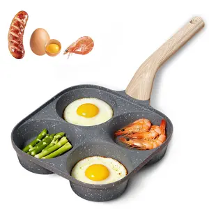 Non-stick Hole Design Egg Frying Pan, 4 Hole Skillet with Handle, Small Egg Fry Pan 3-in-1 Divided Grill Pan, Wooden Handle Stone Omelet Non-stick Cookware, Breakfast Pancake Pan, Kitchen Gadgets for Gas and Induction Cooktops gas stove tiktokshopspringgl