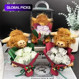 Christmas Highland Cow Plush Toy with Artificial Rose Bouquet, 1-Set Cute Cow Design Plush Home Decoration, Holiday Gift for Loved Ones