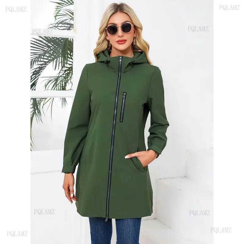 Women's Fitted Solid Long-Sleeve Hooded Trench Coat - Windproof Woven Outerwear, Elegant Slim-Fitting Jackets for Fall-Winter Daily Outdoors Use, Machine Washable Casual Fashion Tops