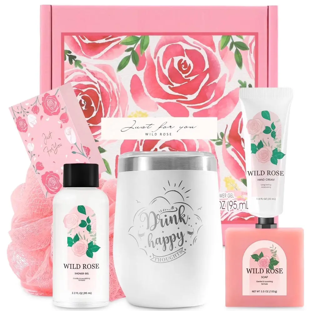 Luxury Rose Spa Bath Gift Basket 8Pcs Self Care Bath Body Set with Wine Tumbler Natural Coconut Oil Skincare Relaxing Birthday Valentine Christmas Mother's Day Gifts for Women Mom Grandma Sister