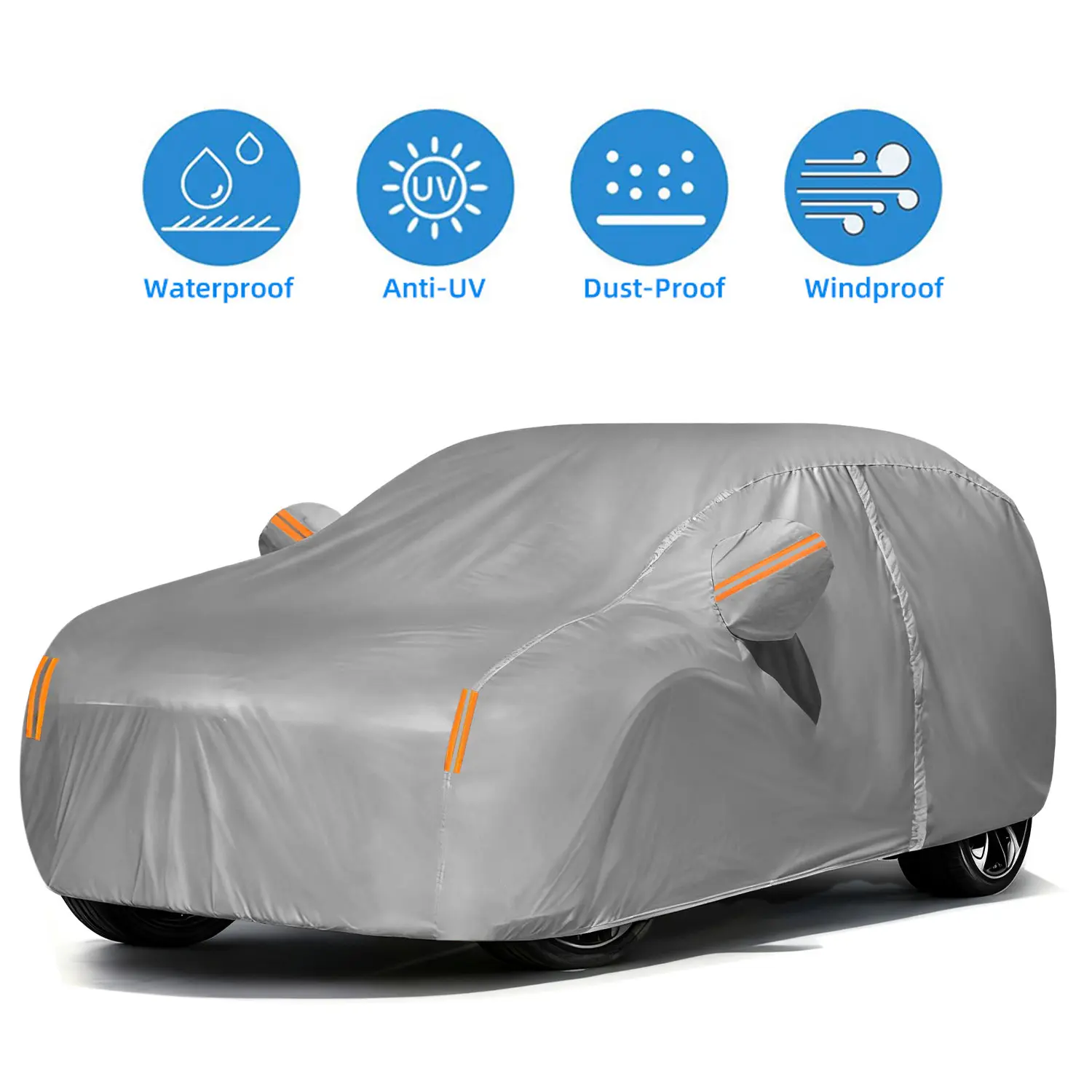 Gray 170T Universal Full Car Cover, All Weather Waterproof Snowproof UV Protection with Reflective Strips & Side Door Zipper, Windproof Dustproof Outdoor Exterior Cover for Sedan SUV,The Best Gift for Father's Day