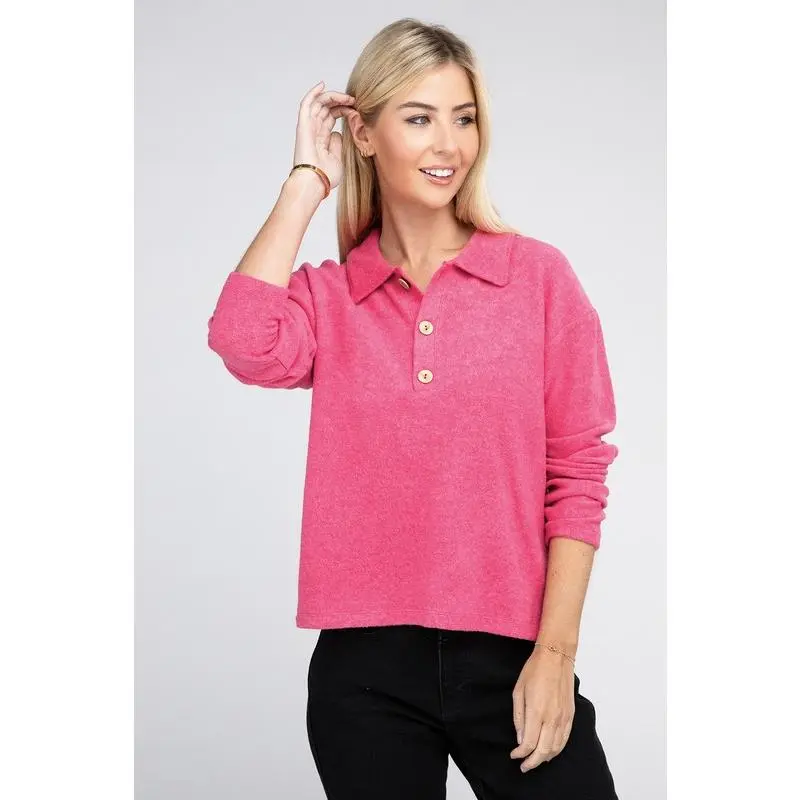 ZENANA Brushed Melange Hacci Collared Sweater