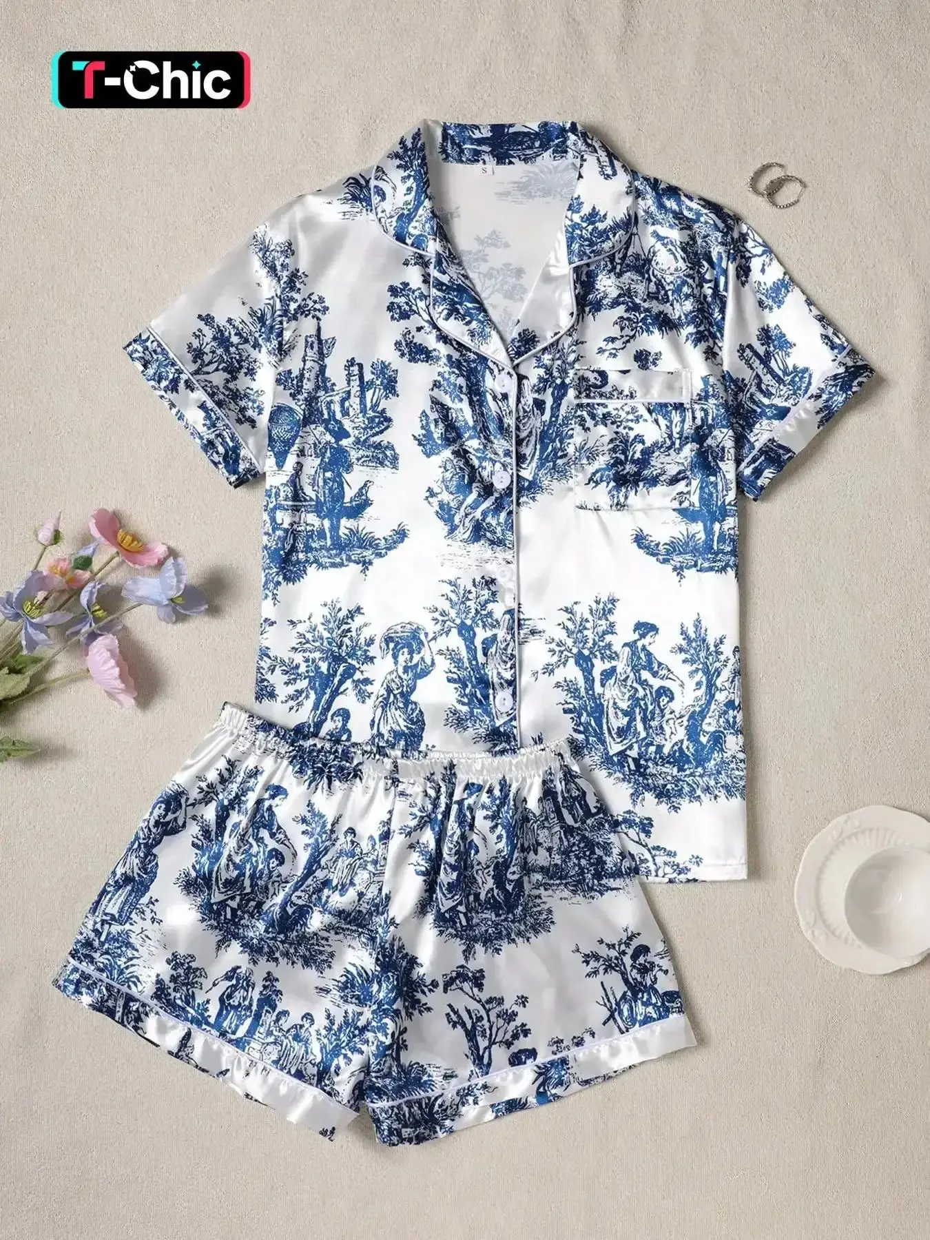 Summer Women's Short Blue Pajama Set Button-Neck Top and Pants Soft Sleepwear Loungewear Homewear Casual Wear Pjs Womenswear Pajamas Lounge everyday comfort classic fit relaxed style multi pocket versatile style