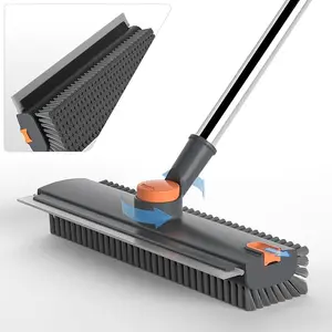 2-in-1 Floor Scrub Brush with 3 Sides Stiff Bristles, V-Shape Grout Cleaning Brush for Tile & Bathroom, Long Handle Scraper Broom for Deep Cleaning Floor Gaps & Corners