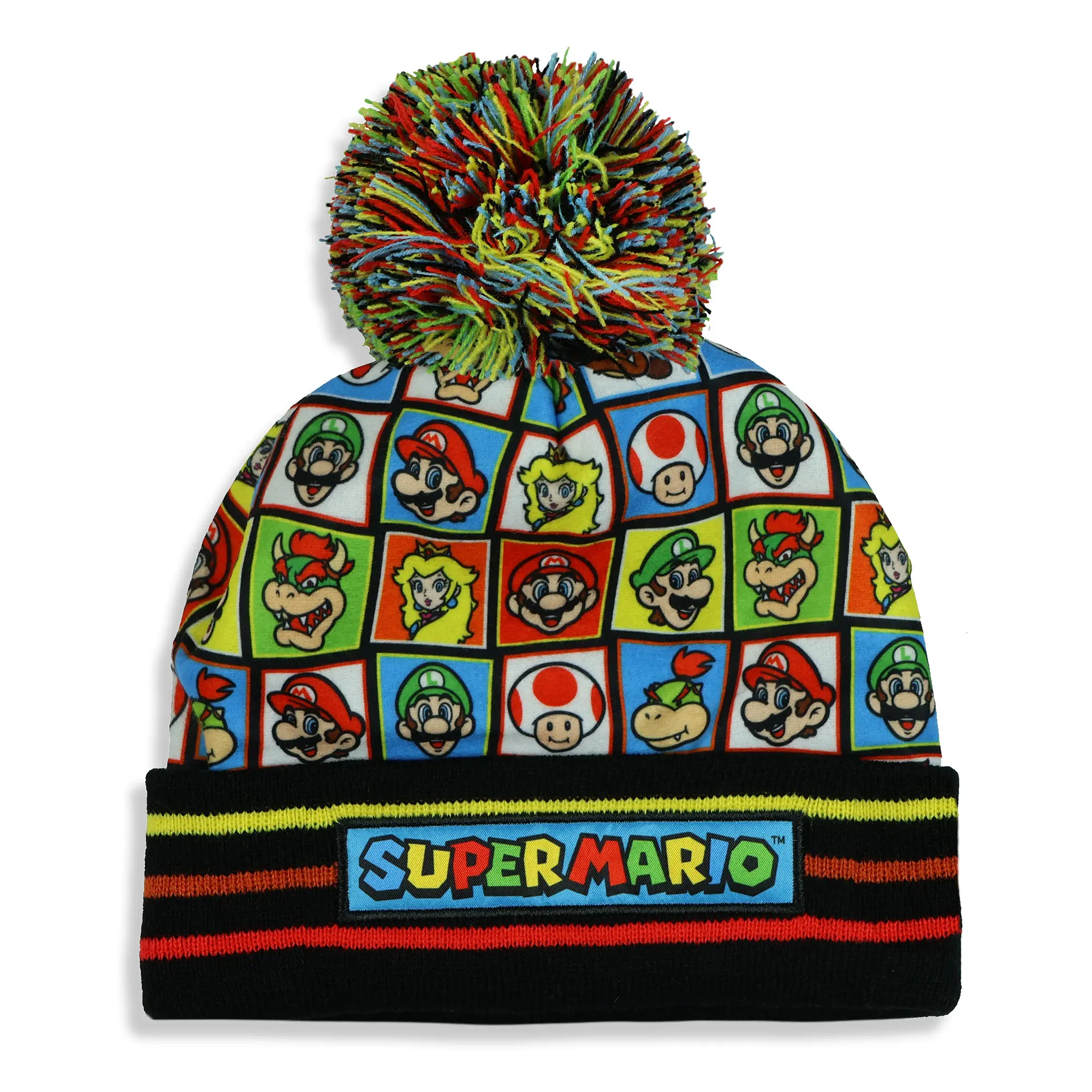 Knit Beanie - Super Mario Character Grid Hat, Pom Pom Cuff Knit Cap with Toad, Luigi, Bowser, Princess Peach Designs, Polyester, Machine Washable for Everyday Wear, Pom-Pom Top