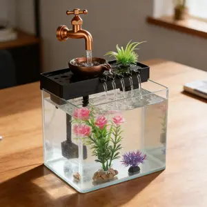 Creative Waterfall Fish Tank, Desktop Ecological Aquarium, Small Home Aquatic Tank, Zen Tea Room Lucky Decoration