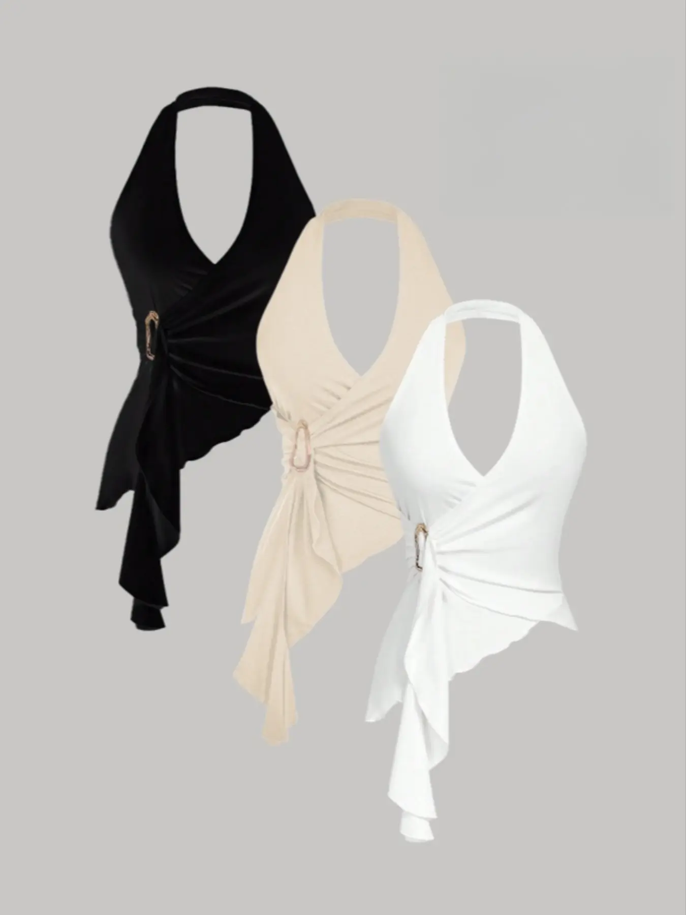 Women's Three-Piece Set Casual Bow Tie Metal Buckle Tight-Fitting Asymmetric Hem Vest Top, Halter Neck Shirt Fitted for Fall Fashion Womenswear Casual Flattering Sleeveless Tops Asymmetrical