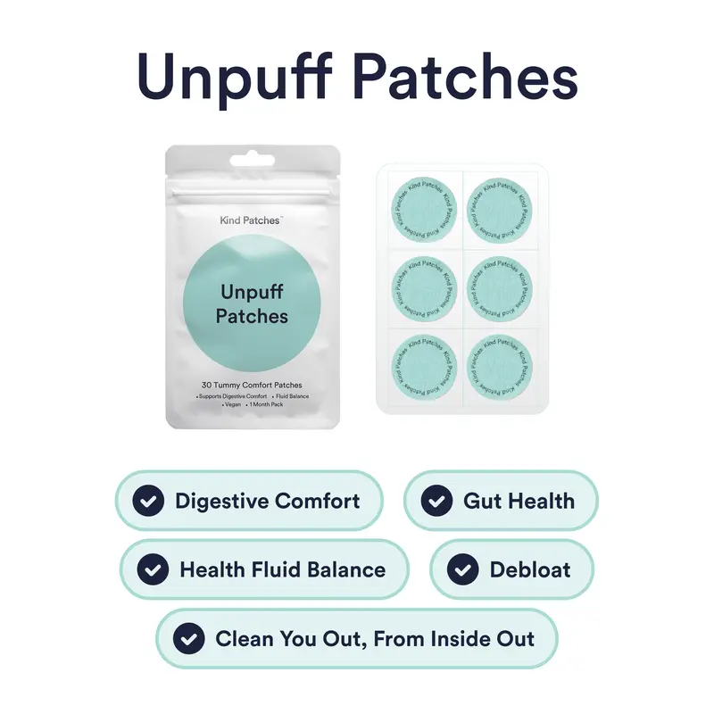 Kind Patches, Unpuff Patches, 30 Tummy Comfort Patches: Support Digestive Comfort, Fluid Balance, Vegan, 1 Month Pack
