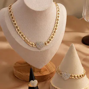 Unisex 3-Piece Vintage Elegant Chunky Costume Jewelry Set - Inlaid Diamond Heart Motif Locket, Necklace, Bracelet, Ring, Trendy Fashion Accessory Chain