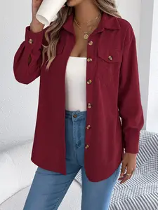 Women's Solid Button Front Corduroy Fitted Jacket, Casual Drop Shoulder Long-sleeved Outerwear for Fall & Winter, Ladies Clothes for Daily Wear