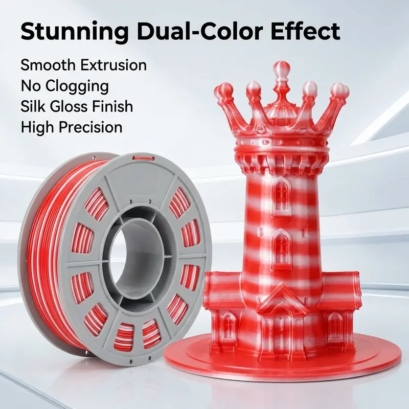Satin Finish Red & White Bi-Color Coextruded PLA Filament, Single Spool 300g 1.75mm, Smooth Consistent Extrusion, Compatible With All FDM 3D Printers easy printing bambu laba 2 l qiditech supply, Avoid Wire Tangling, Balanced Color Mixing