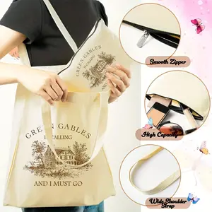 Vintage Style Polyester Tote Bag Set with Geometric Pattern  2 Piece Green Gables Light Academia Book and Makeup Bag Combo for Literary Enthusiasts