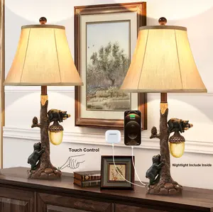 LOKHOM Rustic Western Bear Table Lamp with Nightlight Set of 2, 26“ Rustic Bedside Lamp with USB & Type C, Touch Control Natural Bears Table Lamp for Bedroom Living Room Foyer Office