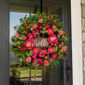 WreathQueen 24" Welcome Floral Wreath for Front Door, Artificial Spring Summer Wreath with Tulip Magnolia Peony Flowers, Indoor Outdoor Farmhouse Porch Decor