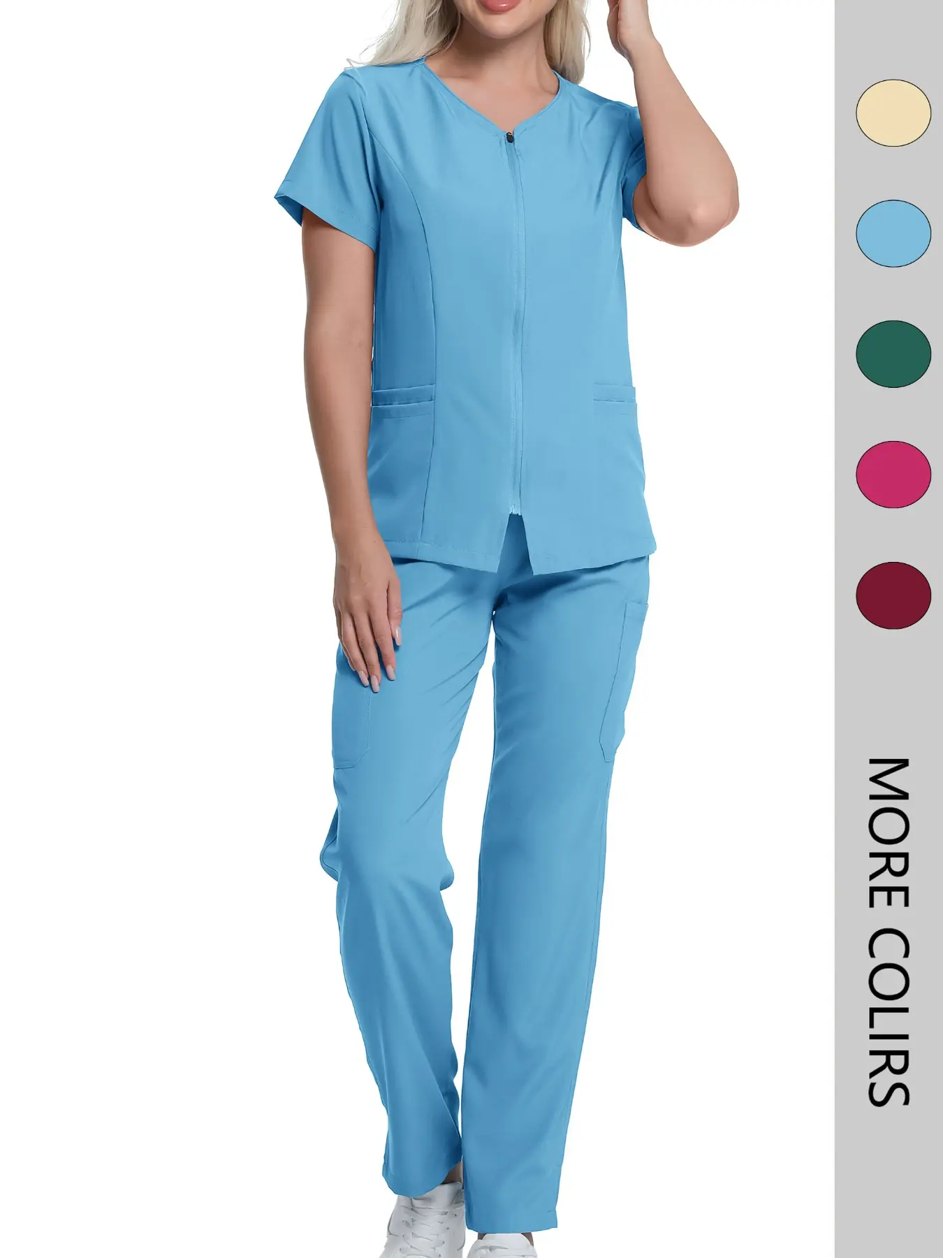 Zipper Vneck Multi-Pocket Straight Leg Medical Workwear Uniforms Set Top, Comfortable Quick-Dry Breathable Wrinkle-Resistant, Elastic Waist Loose Fit
