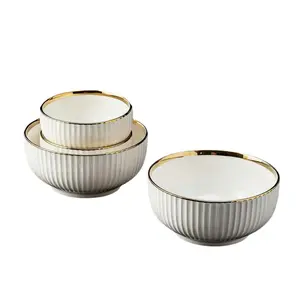 4pcs Gold Rim Ceramic Pasta Bowls Set, Salad Fruit Serving Bowls, Round Kitchen Utensils, Suitable for Noodles Salads Fruits, Dishwasher Safe, Kitchenware
