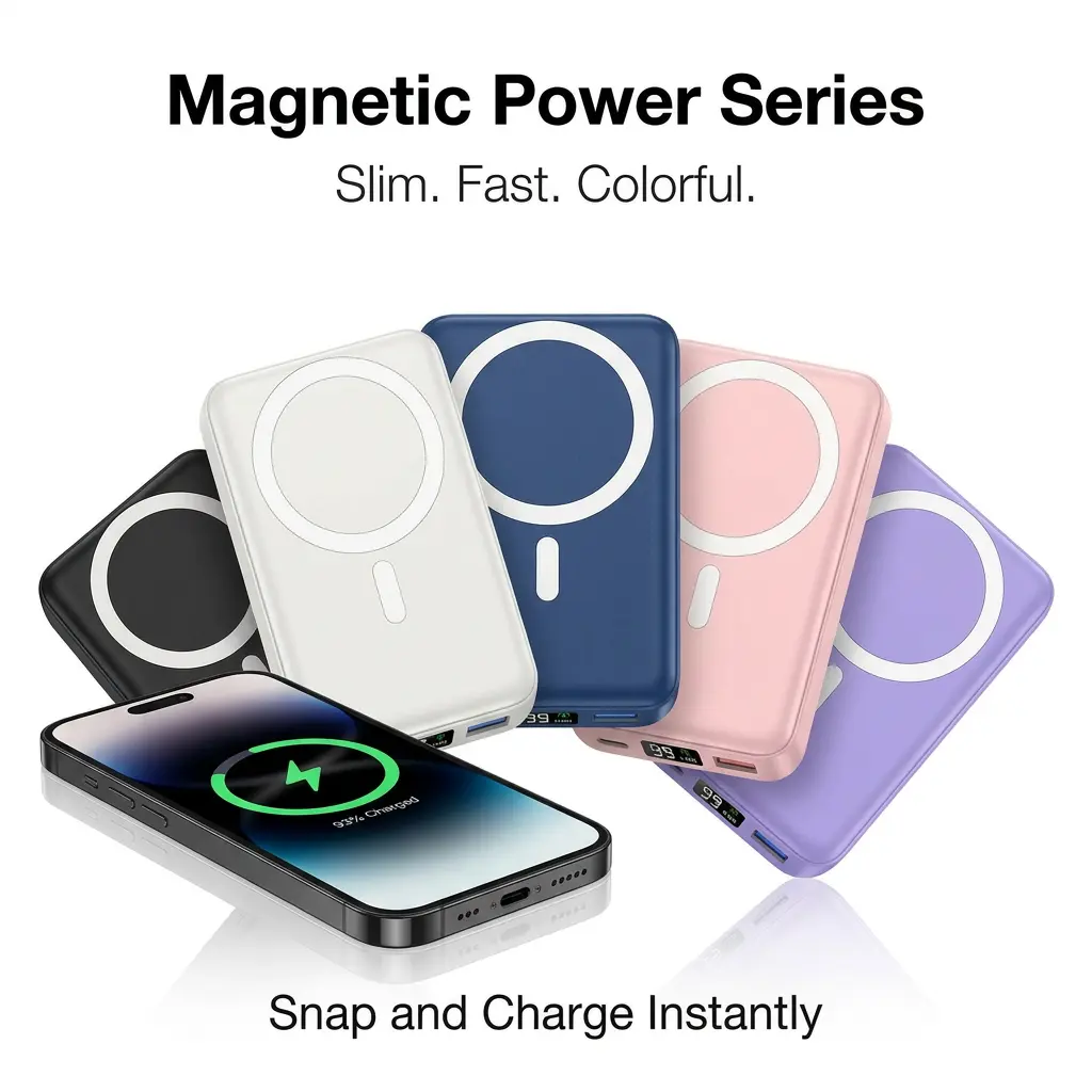 Podoru 10000mAh Compact Magnetic MagSafe Portable Charger, 15W Wireless Mobile Phone Charger, 20W PD USB-C Fast Charging Battery Pack with LED Display, Compatible with iPhone 17/16/15/14/13/12 Series, Smartphones, Earbuds & Silicone Accessories