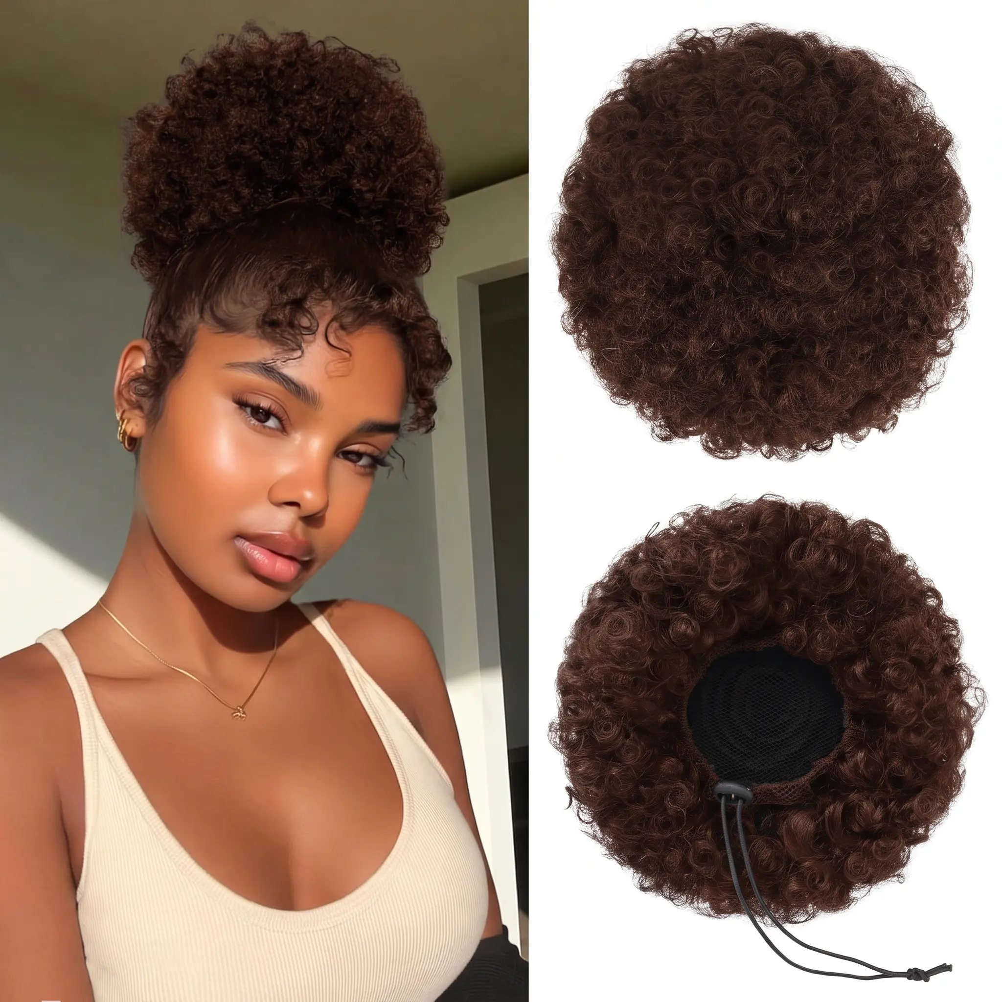 2# Brown Afro Puff Ponytail Drawstring Extensions Wigs Real Human Hair for Girls Women, Natural Black Virgin Hair Afro Puff Hair Extensions Clip On Kinky Drawstring Curly Ponytail Bun Hairpiece Wigs