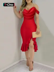 Women's Faux Pearl Decor Cold Shoulder Ruffle Hem Dress, Elegant Chic Backless High Low Hem Bodycon Dress for Party Club Dating Evening Wear, Womenswear Women's Clothing for Fall & Winter