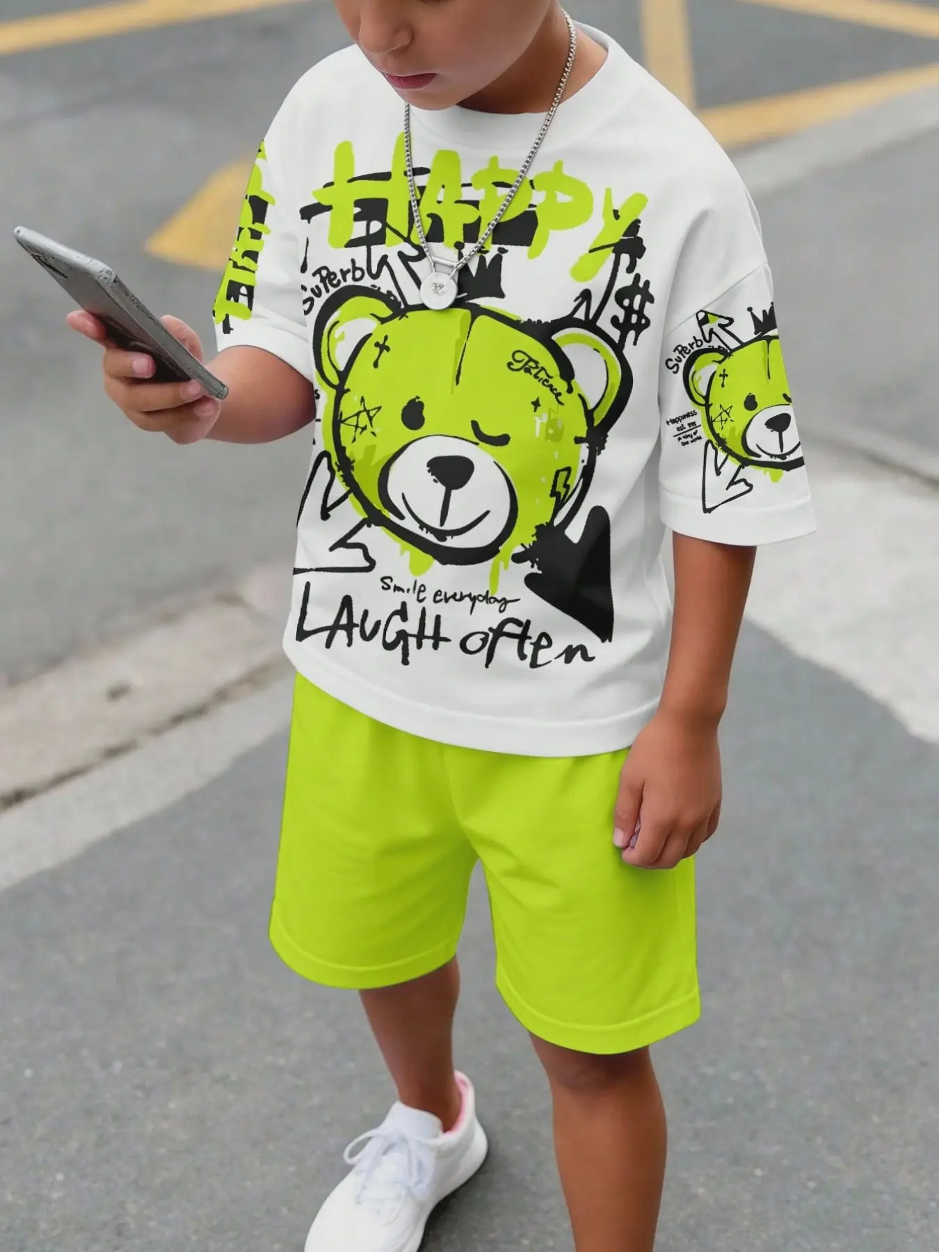 Boys' Trendy Neon Bear Print Short Sleeve T-Shirt + Shorts Graphic Print Set, Casual Slim-Fit for Home and Outdoor Activities, Summer Clothing Set