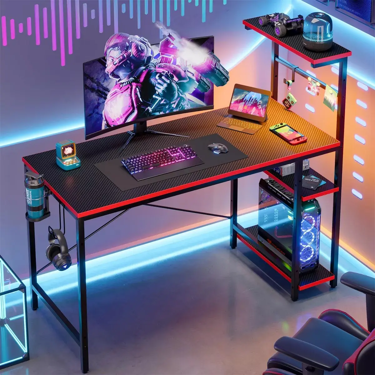 Bestier 44" Sturdy Gaming Desk with RGB LED Light - Reversible 4-Tier Storage Shelves, Hooks, Cup Holder, Magnets, Modern Office Furniture, Space Saving Gaming Corner Desk, Ergonomic Adjustable Desk,Executive Desk