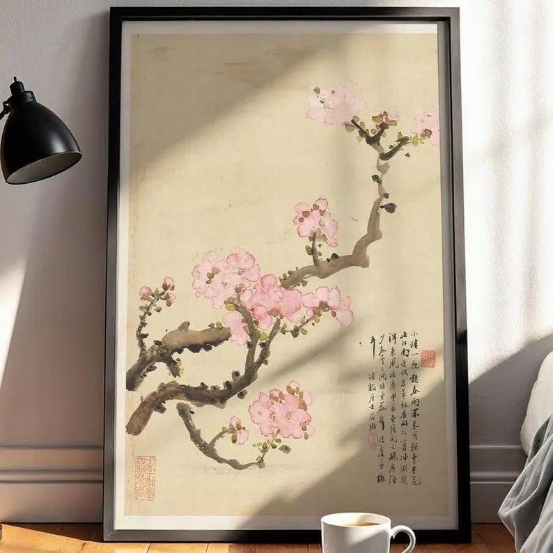 Cherry Blossom Ink Painting Print ? Vintage Japanese Sakura Art, Minimalist Botanical Wall Decor, Pink Flower Woodblock-Style Poster Complimentary Delivery