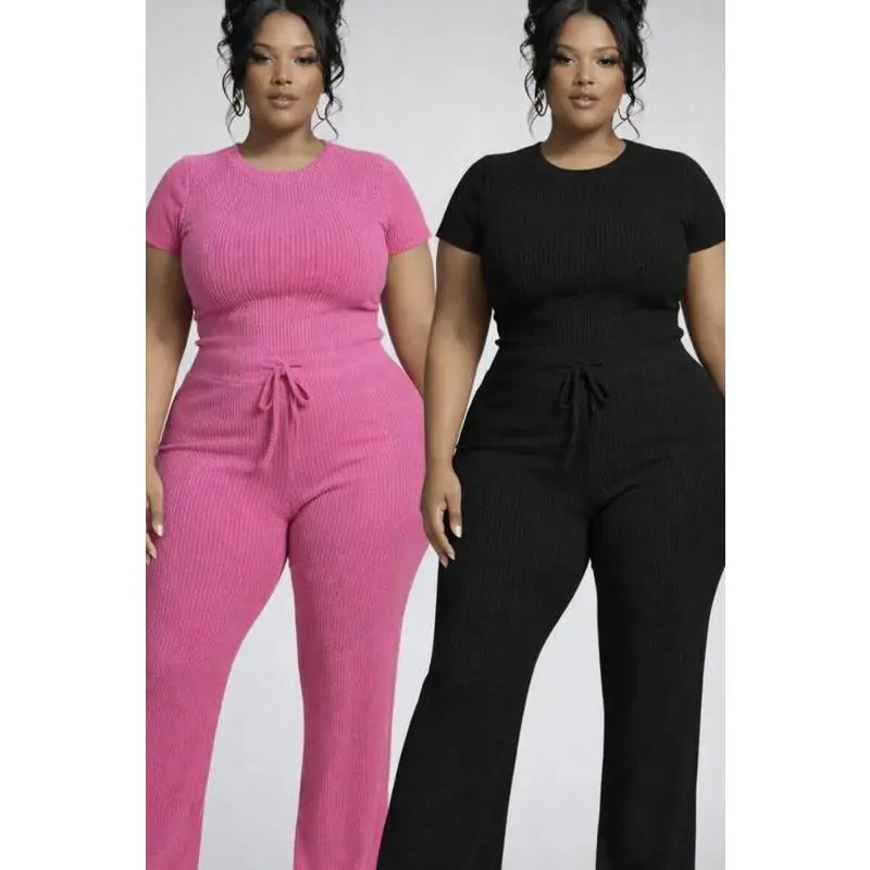 Ribbed Knit Drawstring Wide Leg Pants Set