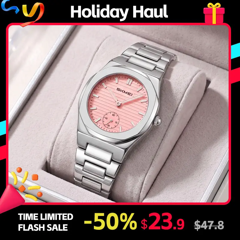 SKMEI 2681 Women's Watch, Polygonal Quartz Analog Watch with Slim Zinc Alloy Band, Small Seconds Sub-Dial Dress Watch for Women, Everyday Office and Casual Wear, Rose Gold Silver Fashion Wrist Watch