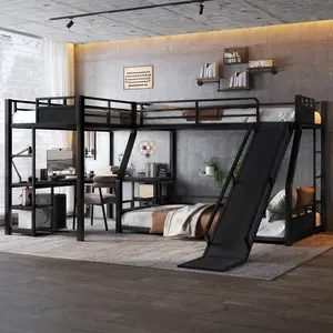 [Bellemave]L-Shaped Metal Bunk Bed  with Twin Loft Bed, Desk, and Storage Shelves Metal Triple Bunk Bed with Slide, Space-Saving and Quiet Design, Black