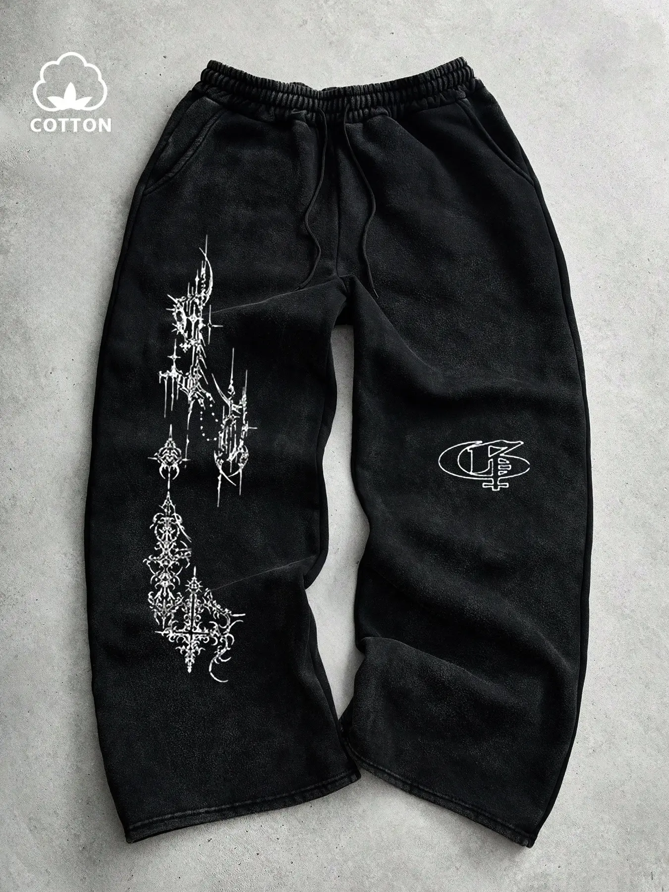 Unisex Gothic Runes Print Fleece Lined Cotton Pants, Street Style Loose Fit Fall & Winter Joggers, Emo Retro 2000s Fashion