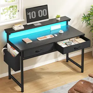 【Vanity & Office Desk】31.5'' Gaming Desk with LED Lights in Dorm & Tiny home,Computer desk with 2 Storage Drawers,Home Office Desk with Side Pocket & Ergonomic Monitor Stand,Writing Table with Anti-Tip Design, Nice gift for Women and Teens